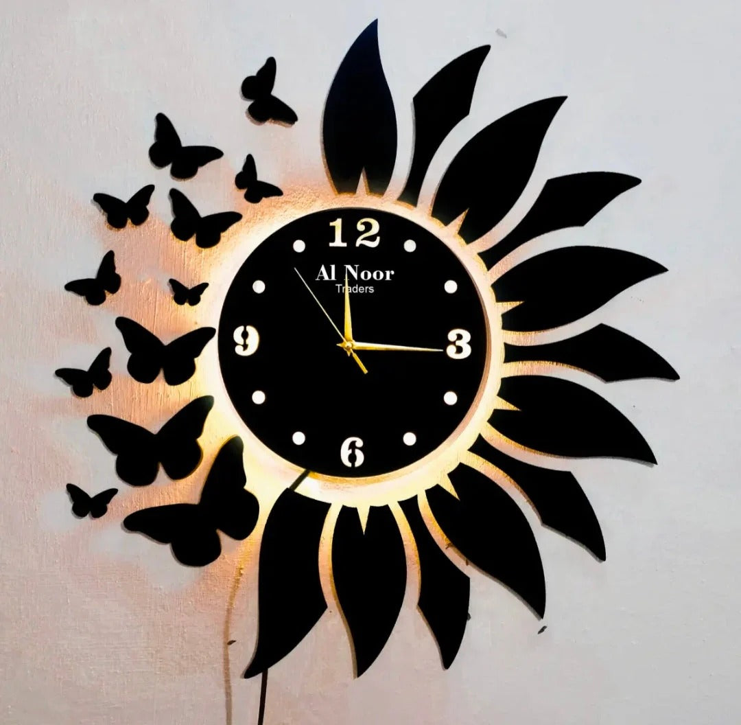 Butter fly leaves wall clock with light | C10 Gifts Creator