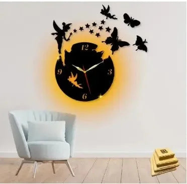 3D Fairy Wall Clock with Butterflies & LED Light | MDF Wooden | Safe 12V Light | C7
