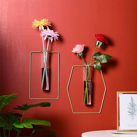 Wall-Mounted Geometric Glass Vase Set – Iron Hanging Flower Vases Homedecoro