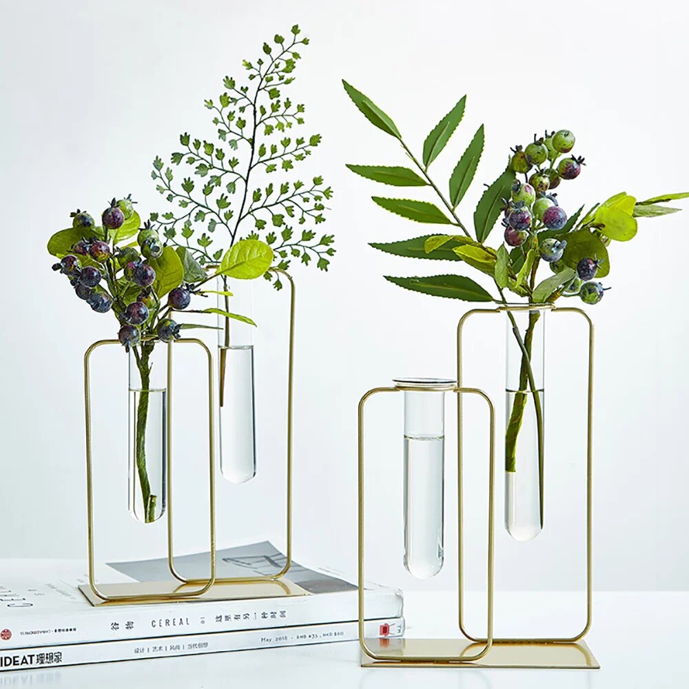 Nordic Hydroponic Glass Vase – Modern Home Decoration Accessory with Gold Metal Stand Homedecoro