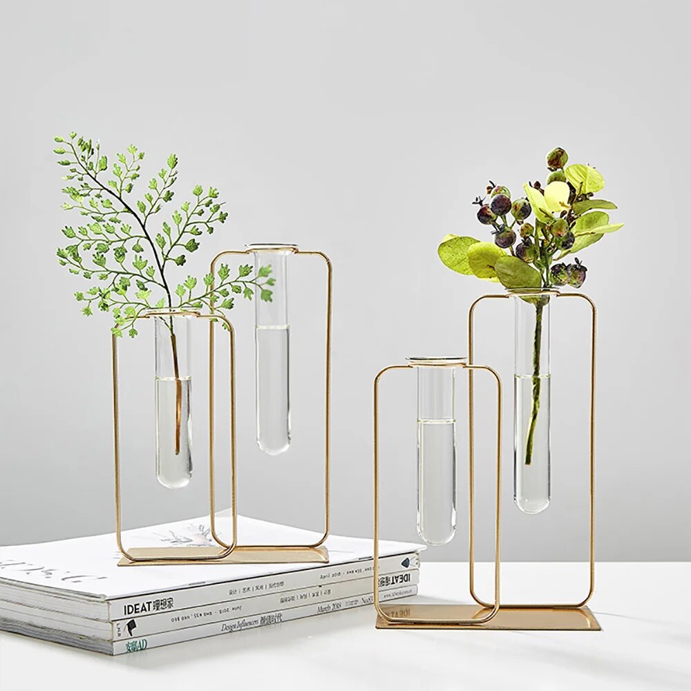Nordic Hydroponic Glass Vase – Modern Home Decoration Accessory with Gold Metal Stand Homedecoro