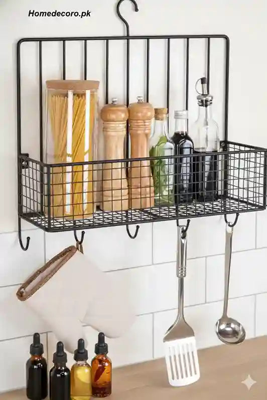 Metal Spice Rack with 5 Utensil Hooks,