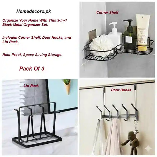 Multipurpose 3-in-1 Metal Organizer Set with Corner Shelf & Door Hooks