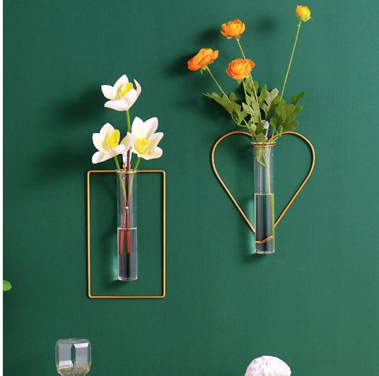 1pc Wall-mounted Glass Vase Home Decor Wall Decoration Iron Hanging Flower Vases Hydroponic Plants Container Wedding Decoration D4DECORATOR