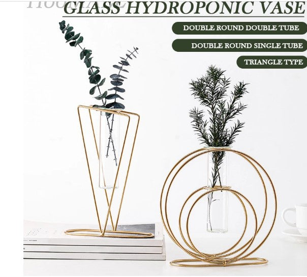 Geometric Iron Art Hydroponic Glass Vase – Modern Table Flower Stand Homedecoro