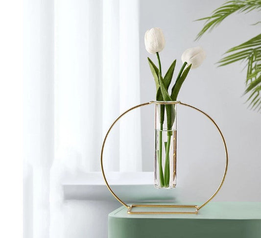 Nordic Retro Iron Art Hydroponics Glass Vase – Golden Metal Flower Stand Homedecoro