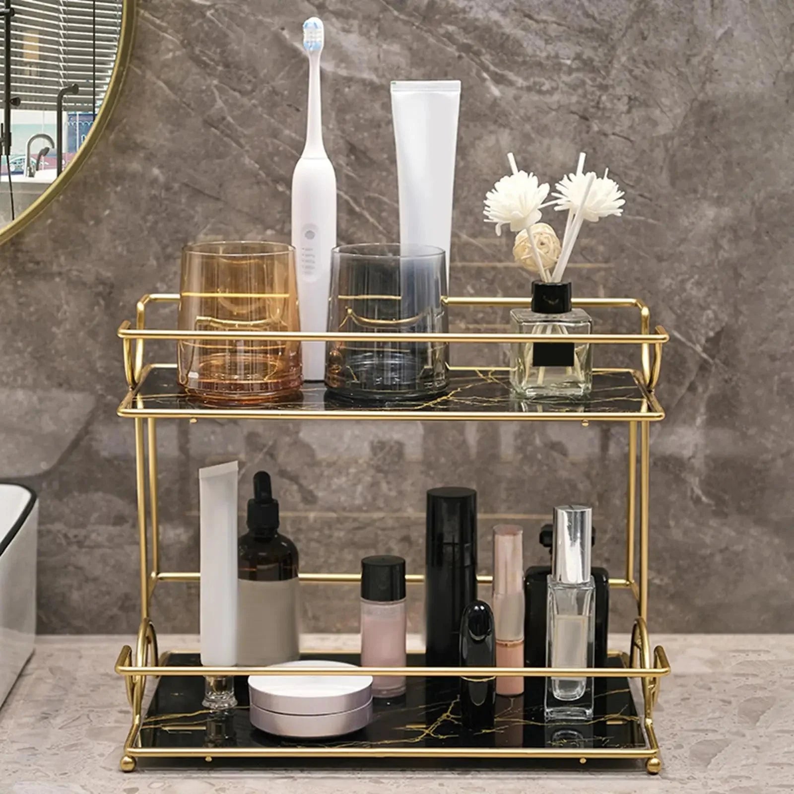 Double Layer Makeup Organizer – Decorative Skincare & Cosmetic Storage Rack Homedecoro