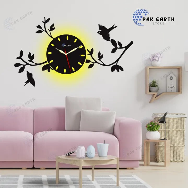 Pak Earth Store Wall clock 3d for drawing room birds on tree | C3 Gifts Creator